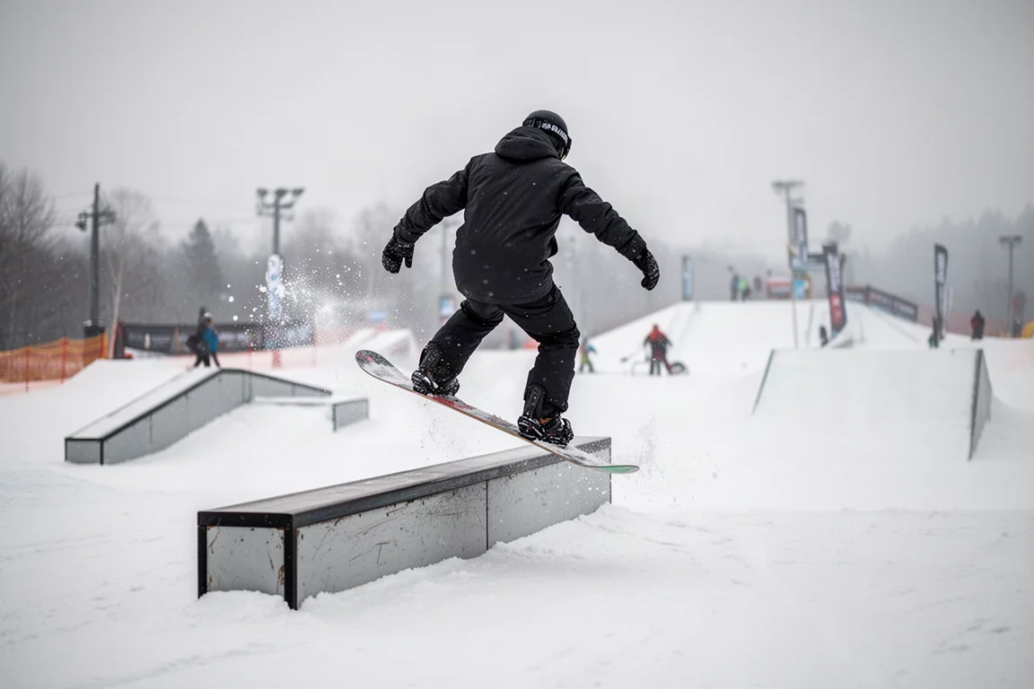 Snowboardeur effectuant un press et une rotation sur un petit saut de park dans une station