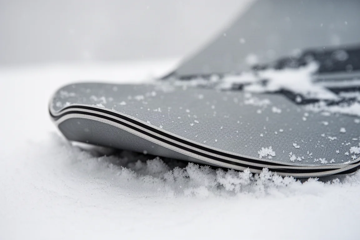 Gros plan sur le nose d'un snowboard montrant le profil 3D biseauté en trois sections