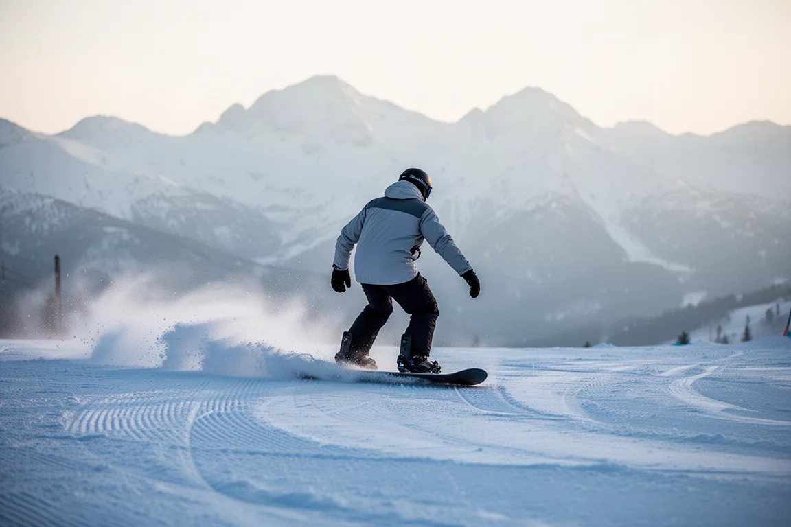Snowboardeur enchaînant une courbe fluide sur une piste damée