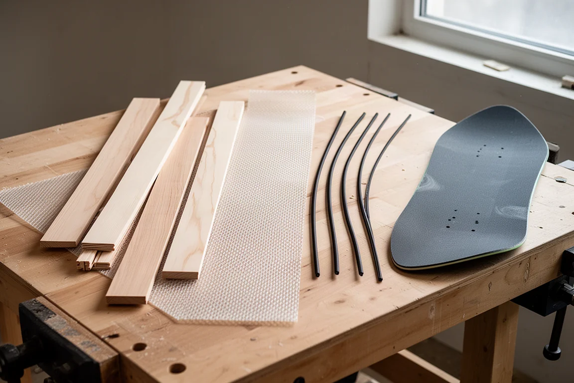 Vue à plat des matériaux de construction d'un snowboard sur un établi d'atelier