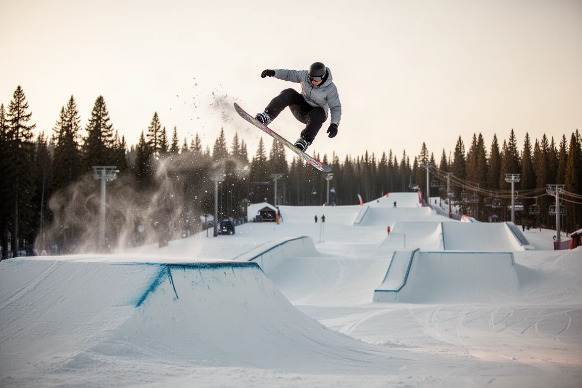 Snowboardzista wybijający się z linii skoczni w ośrodku w miękkim popołudniowym świetle