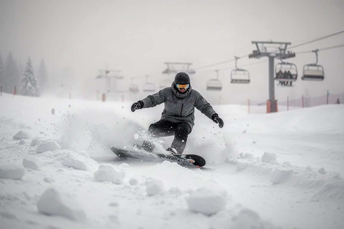 Snowboardzista sunący przez pofalowany, rozjeżdżony śnieg między trasami