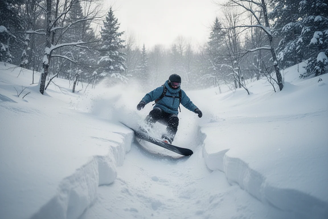 Snowboardzista dryfujący przez kieszeń puchu między zjazdami po trasach