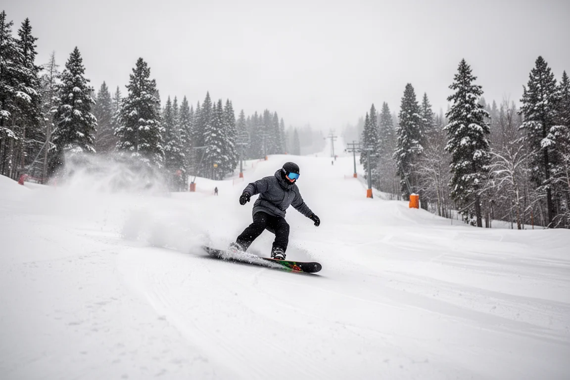 Snowboarder carving fast down a wide groomed resort piste