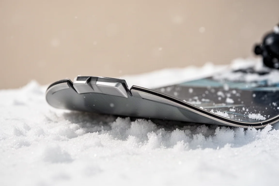 Close-up of a snowboard nose with uplifted 3D bevel contact points