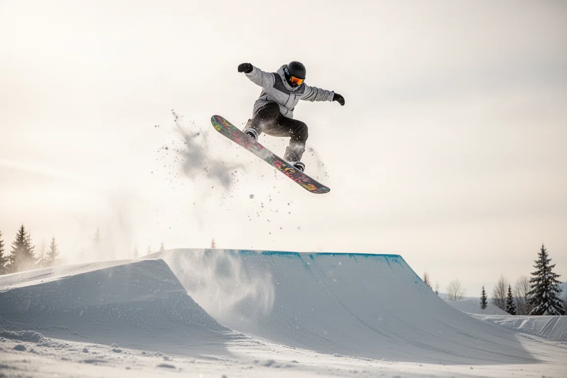 Snowboarder boosting an ollie off a park jump