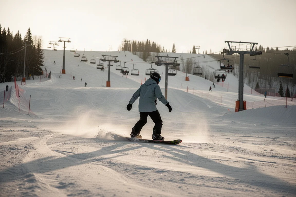 Snowboarder lapping resort terrain near a lift line at dusk