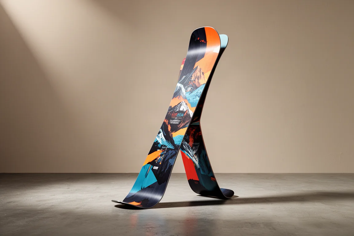 Lobster Sender all-mountain snowboard standing upright on a concrete floor