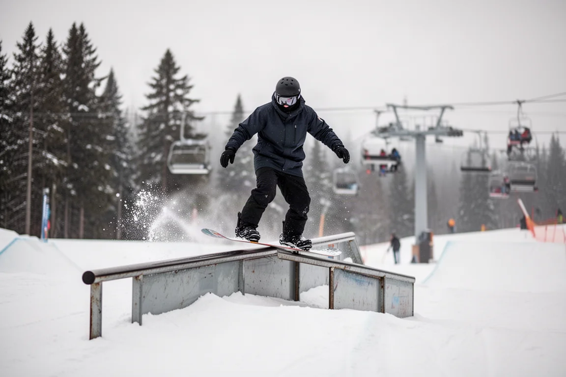 Snowboarder pressing a rail in a snow-covered resort terrain park