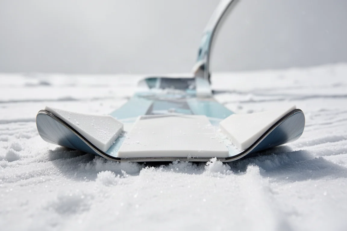 Close-up of uplifted snowboard base contact points resting on snow