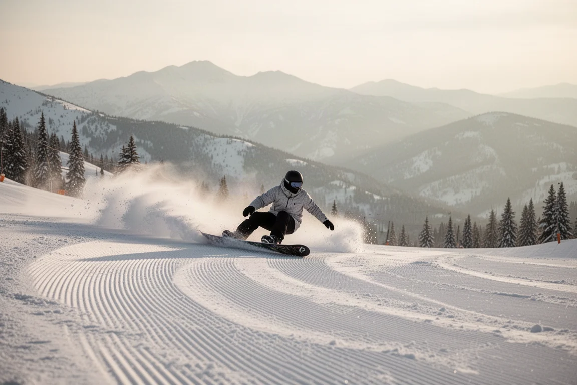 Snowboarder carving a wide turn on a groomed mountain slope