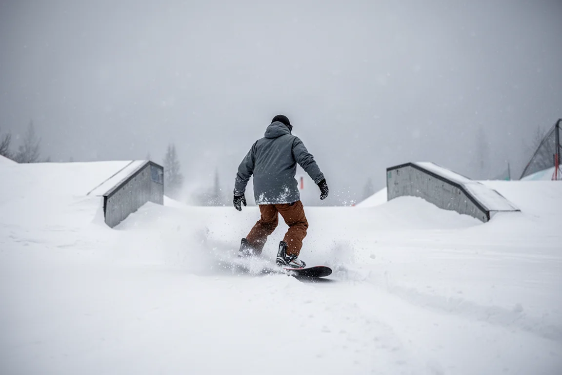 Snowboarder riding through powder snow between park laps