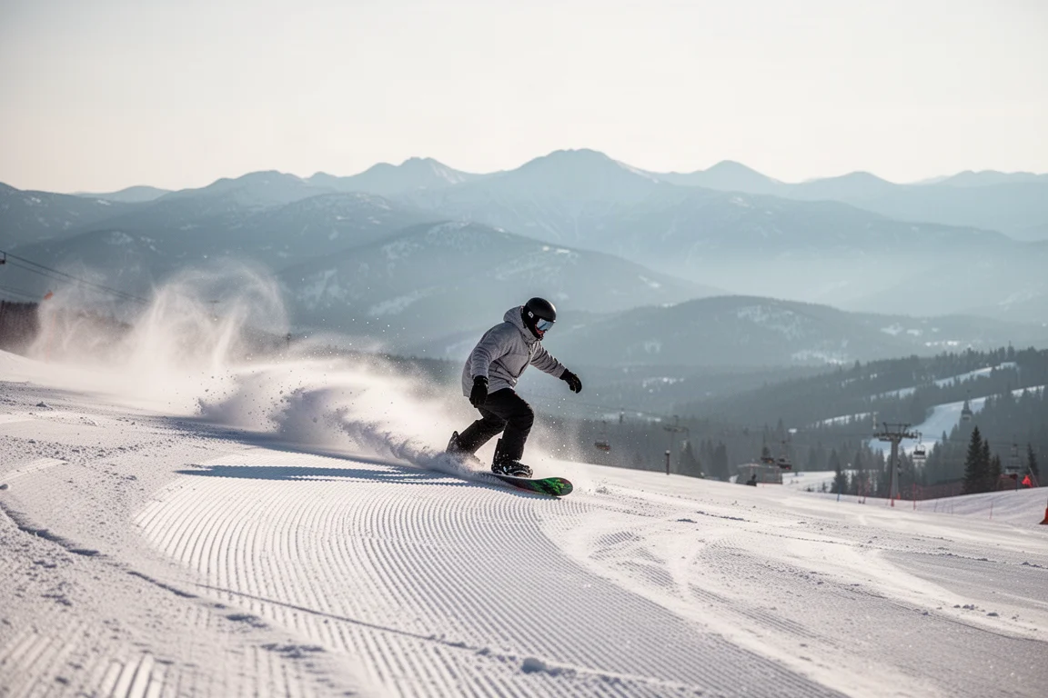 Snowboarder carving on a groomed resort piste in soft morning light