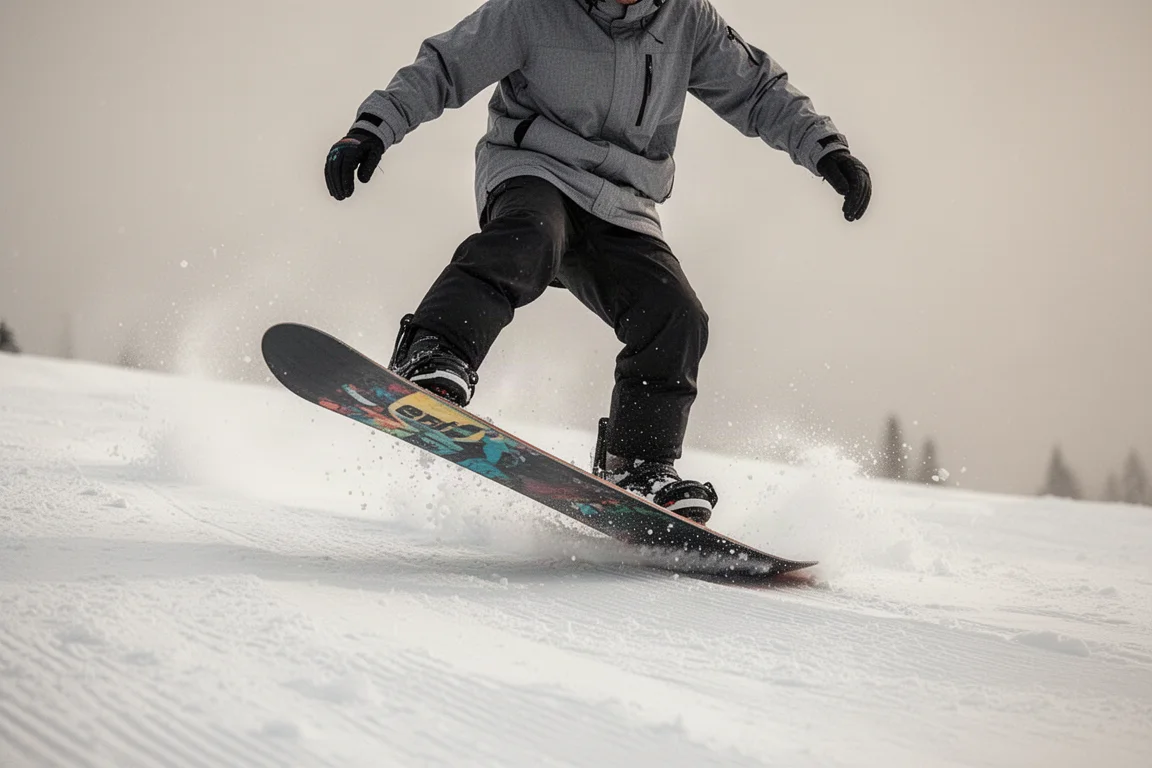 Snowboarder buttering on the nose of the board on a mellow slope