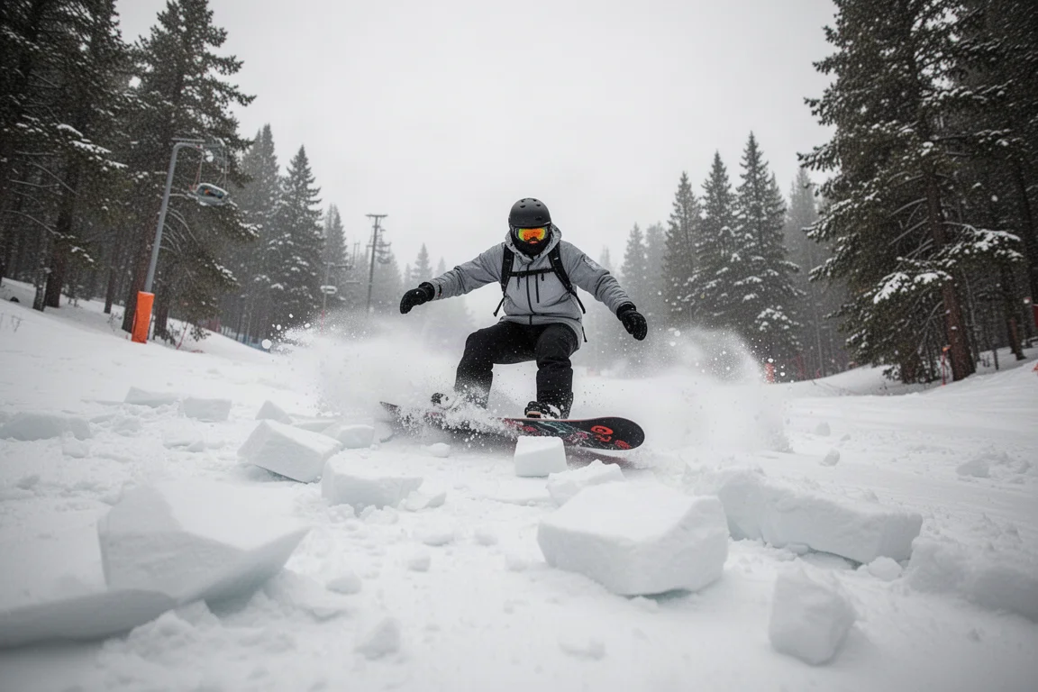 Chopped-up variable snow conditions on an off-piste run at a resort