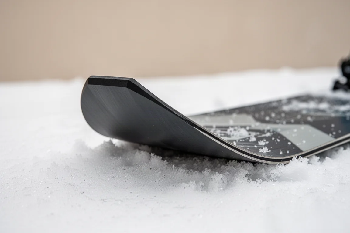 Close-up of a snowboard's beveled 3D nose tip on snow