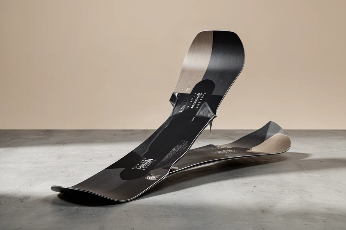 Lobster Stomper all-mountain snowboard with beveled tips on a concrete surface