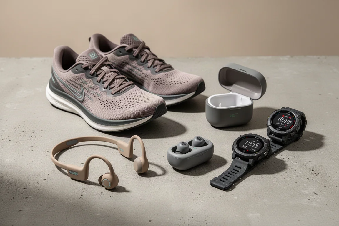 Flat-lay of running shoes, open-ear headphones, earbuds and GPS watches on concrete