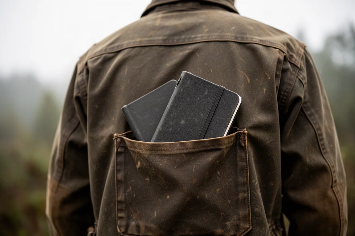 A small waxed cotton field journal tucked into the back pocket of a jacket