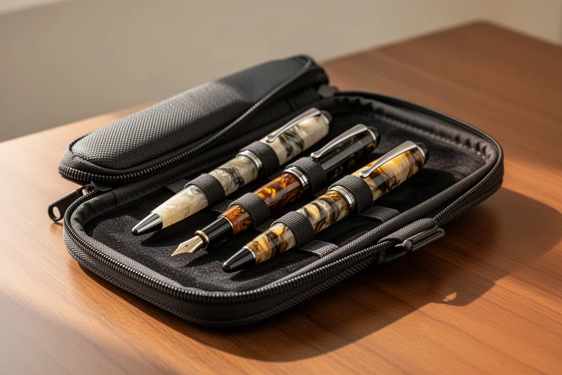 Open Quattro pen case holding three fountain pens on a wooden desk