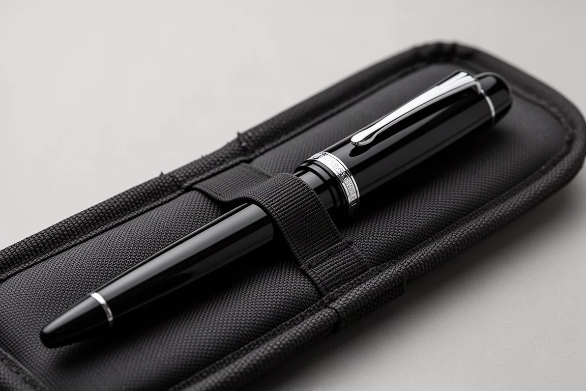 Long oversized fountain pen placed inside a pen case showing the fit