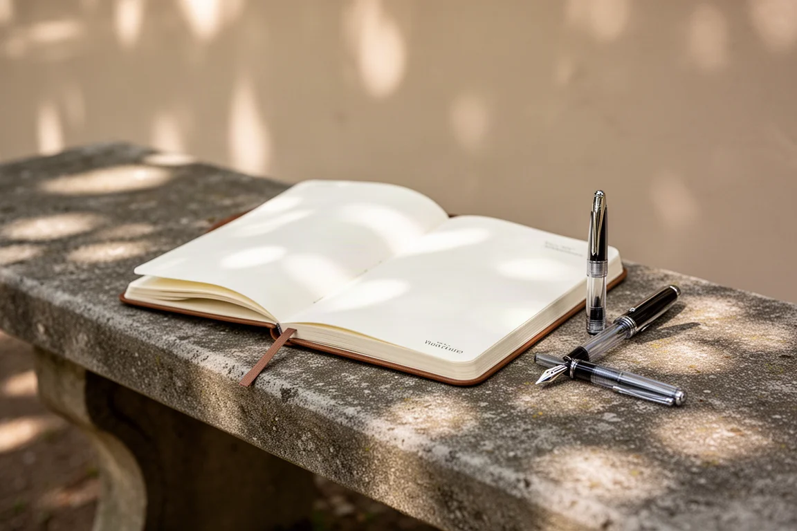 Journaling scene outdoors with a notebook and pen on a stone bench