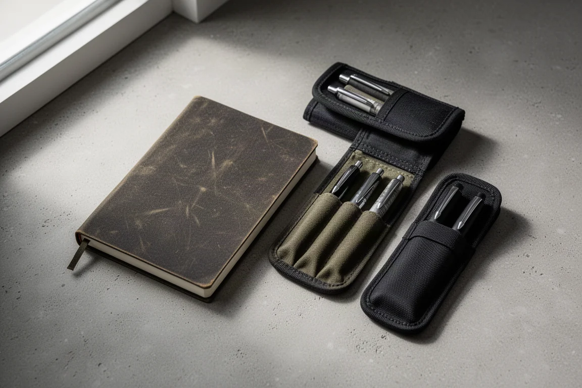 Lochby field journal 和兩個筆袋排列在水泥表面上
