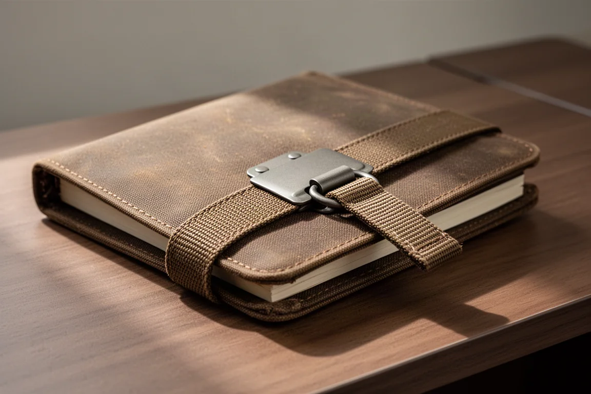 Waxed canvas journal cover with aluminium latch on a wooden desk