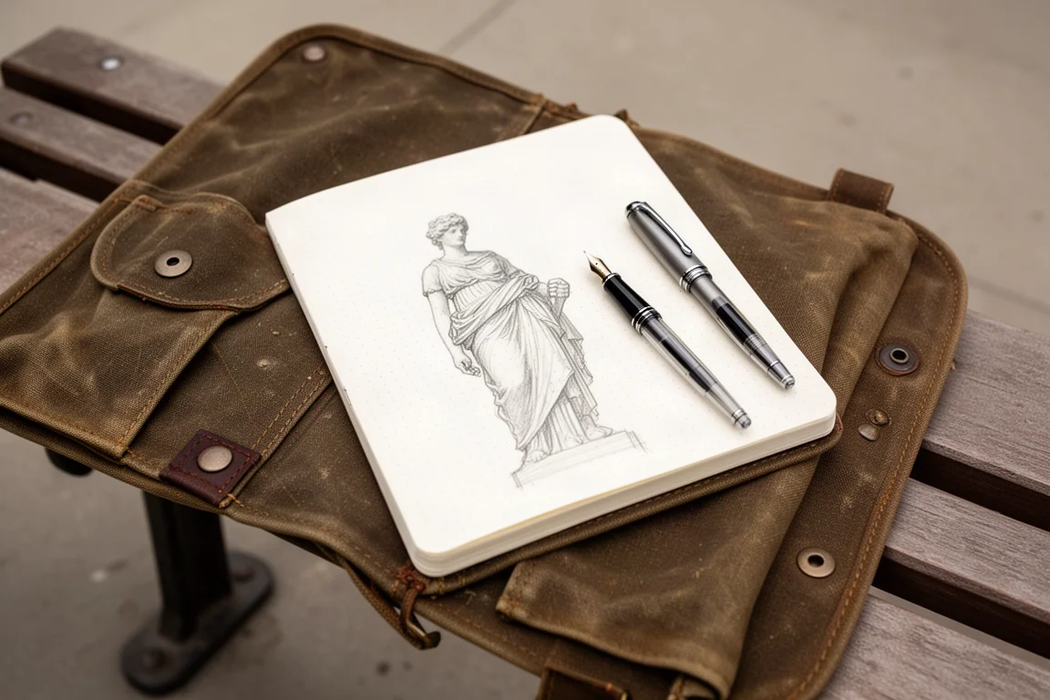 Hand sketching a statue drawing on dot grid paper inside a journal