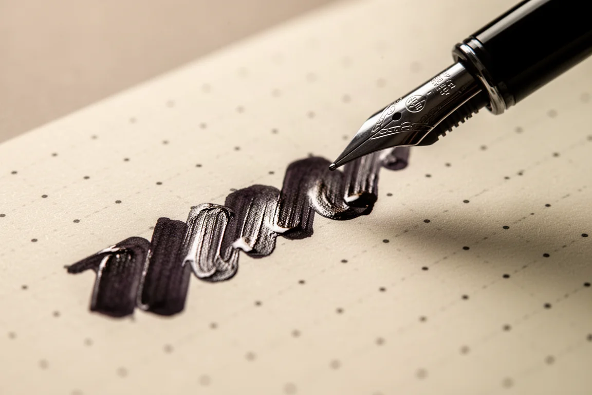 Fountain pen ink showing sheen on dot grid notebook paper