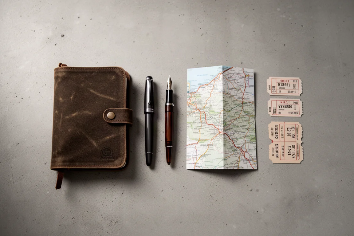 Traveler's pack with journal, pens, and map laid out on concrete