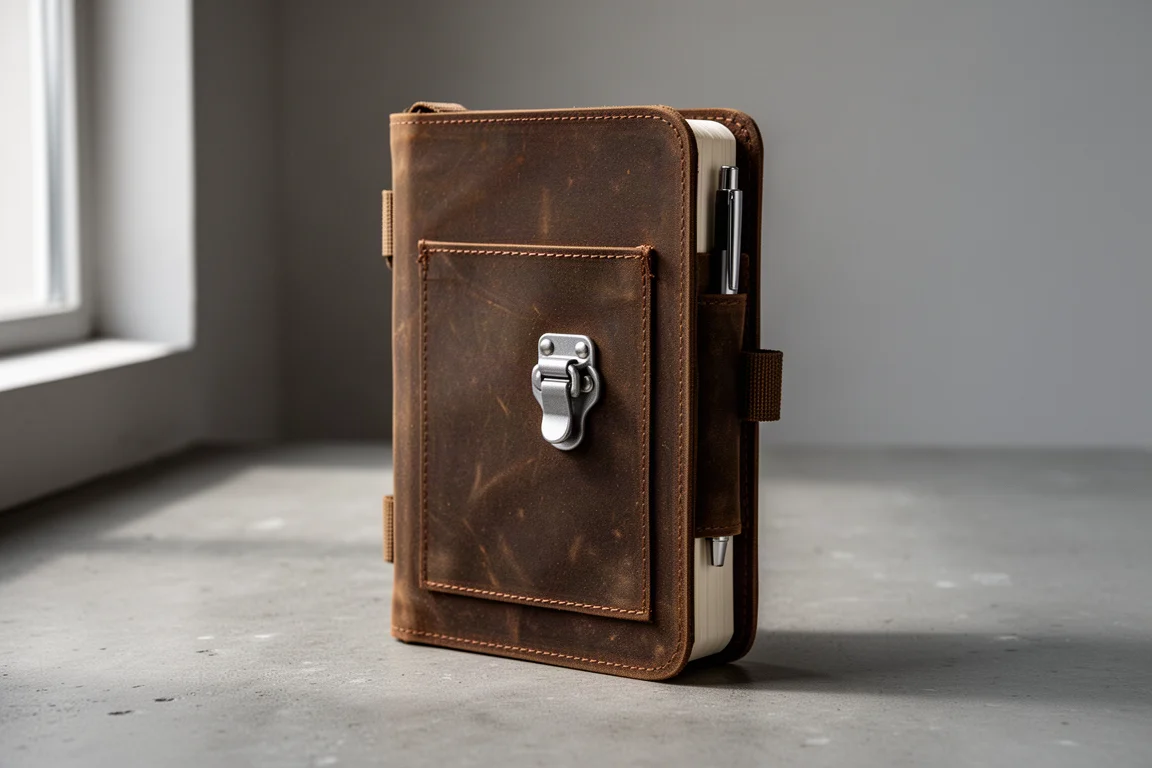 Braune Journaltasche aus gewachstem Canvas mit Aluminium-Verschluss auf Betonoberfläche