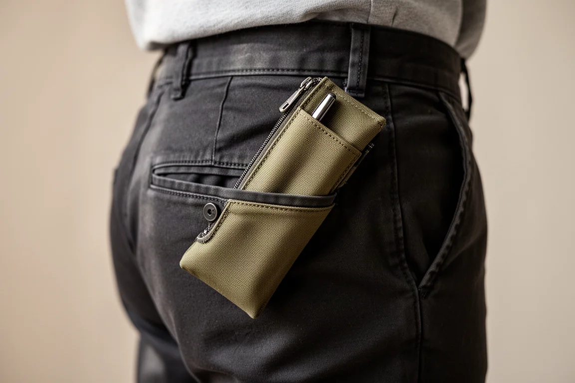 Person schiebt eine schlanke Federmappe in die Gesäßtasche einer Hose