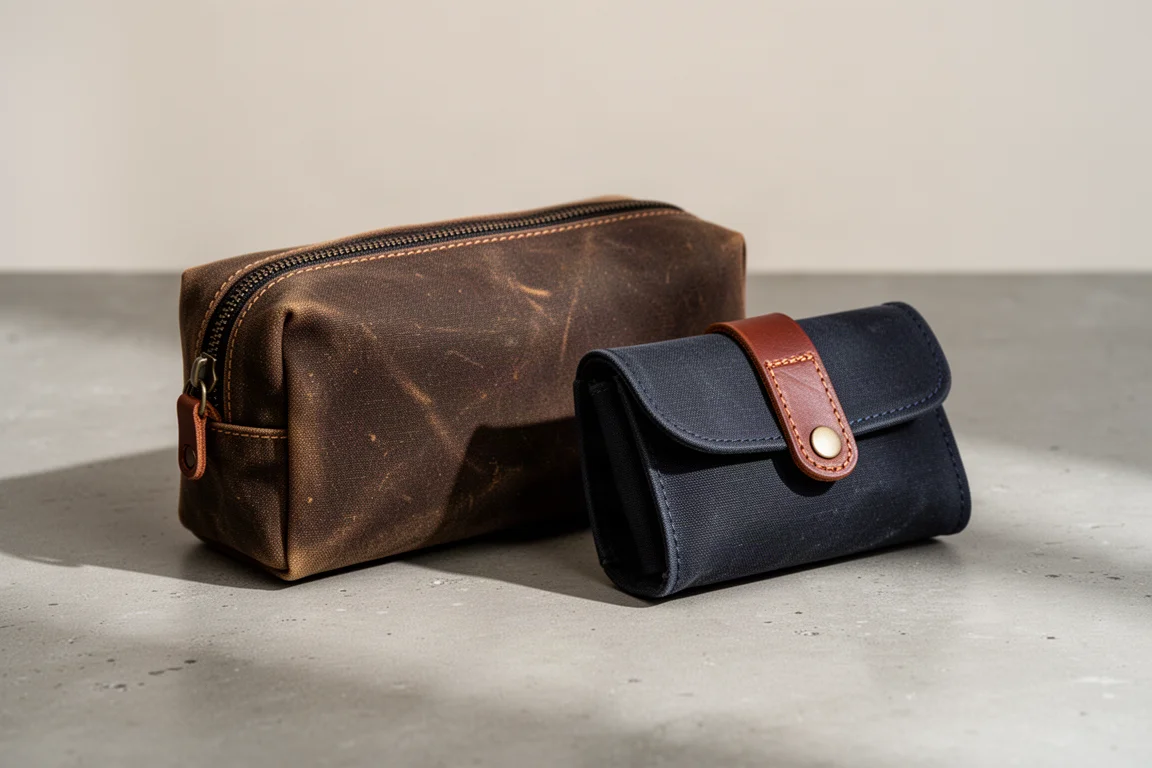 Lochby Venture pouch and Quattro pen cases in waxed canvas on concrete