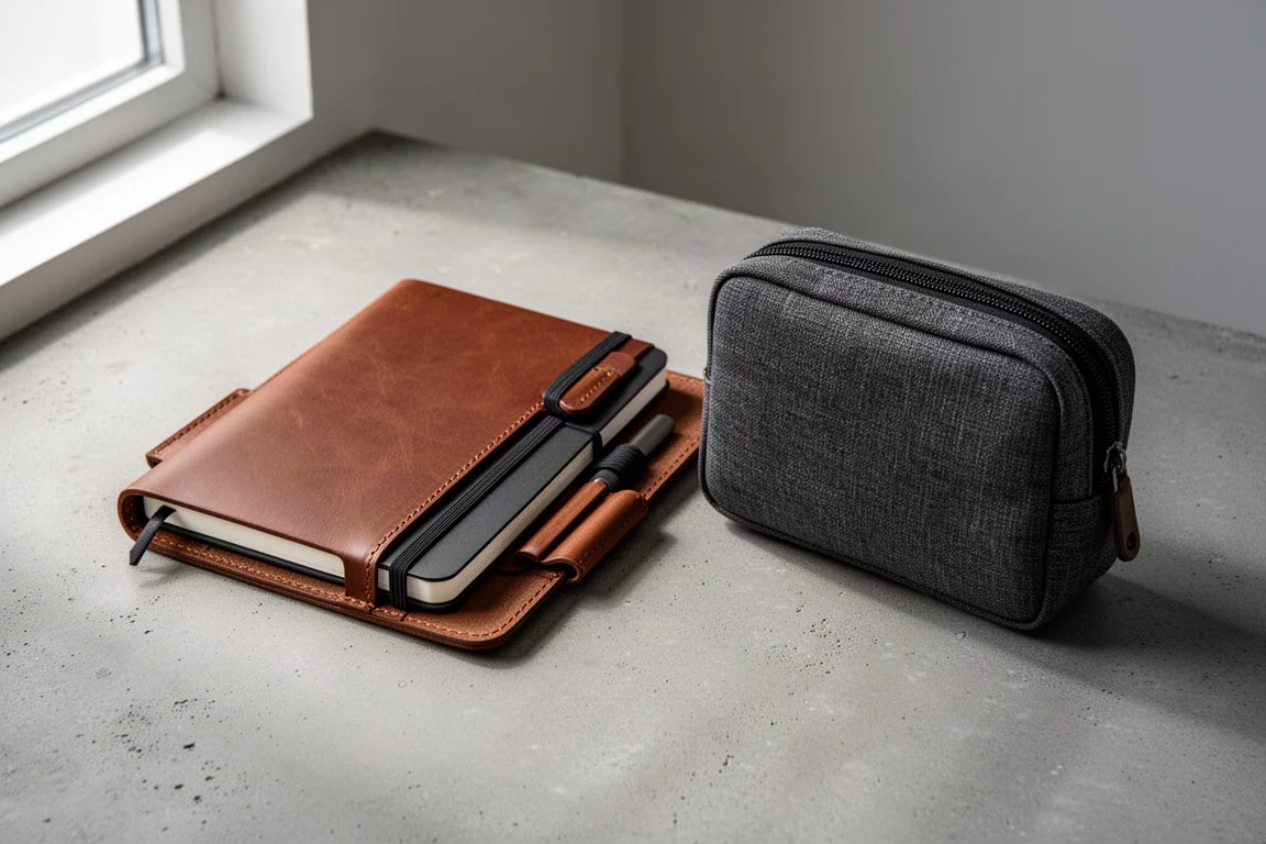 Organizer per taccuini in pelle marrone e una piccola pochette con zip su una superficie in cemento