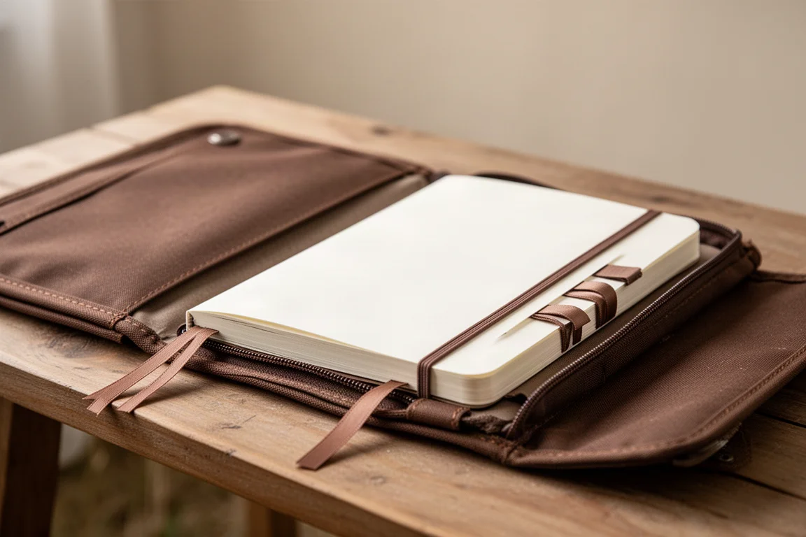 Funda de libreta de campo abierta sujetando una libreta de bocetos con marcadores de cinta guardados en su interior