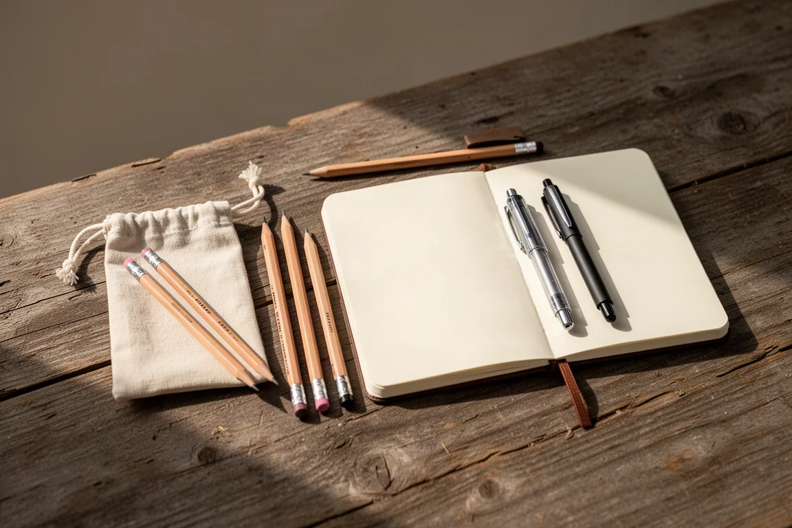 Equipo de dibujo de campo con lápices y pouch dispuestos sobre una mesa al aire libre
