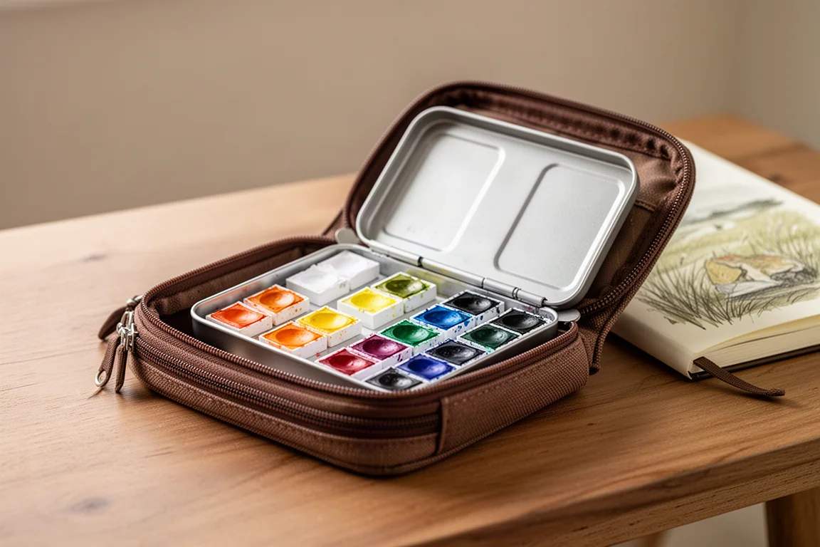 Estuche compacto de paleta de acuarela dentro de una travel pouch abierta