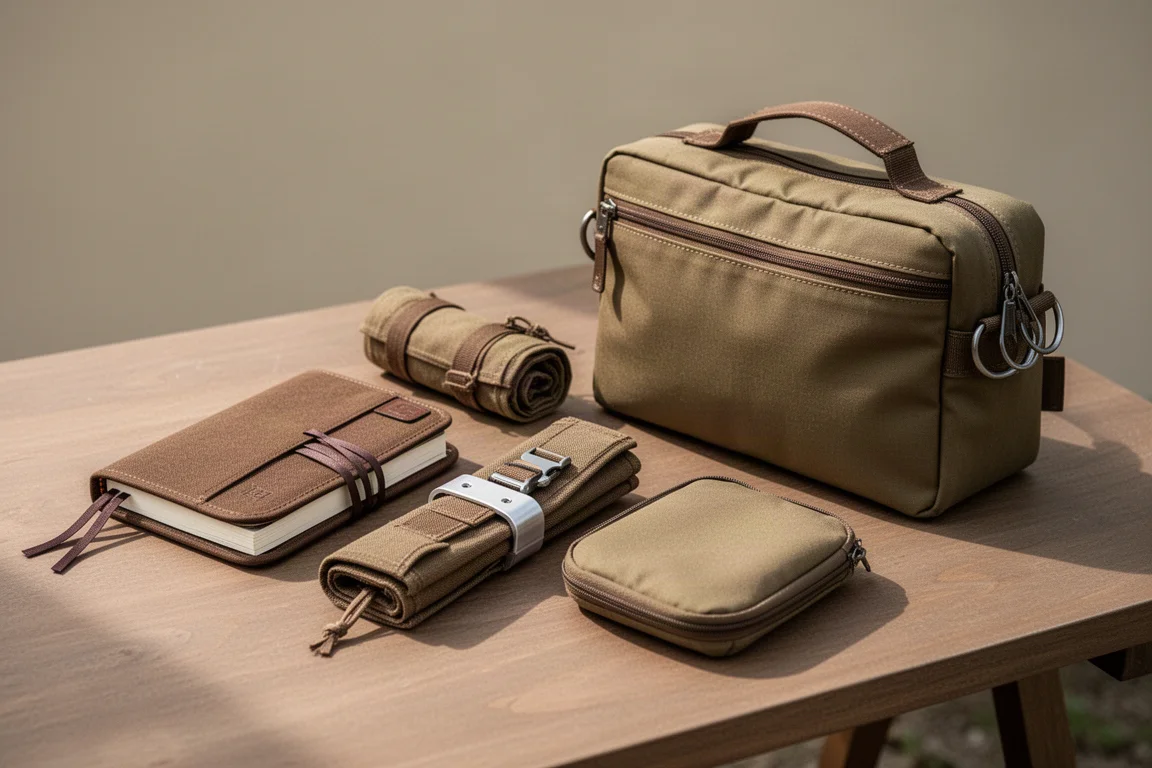 Lock Field Journal, tool roll, Venture Pouch e Travel Pouch disposti su un tavolo di legno