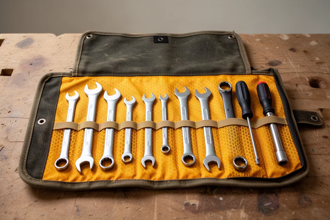 Open tool roll showing elastic loops holding hand tools in a bright honeycomb nylon interior