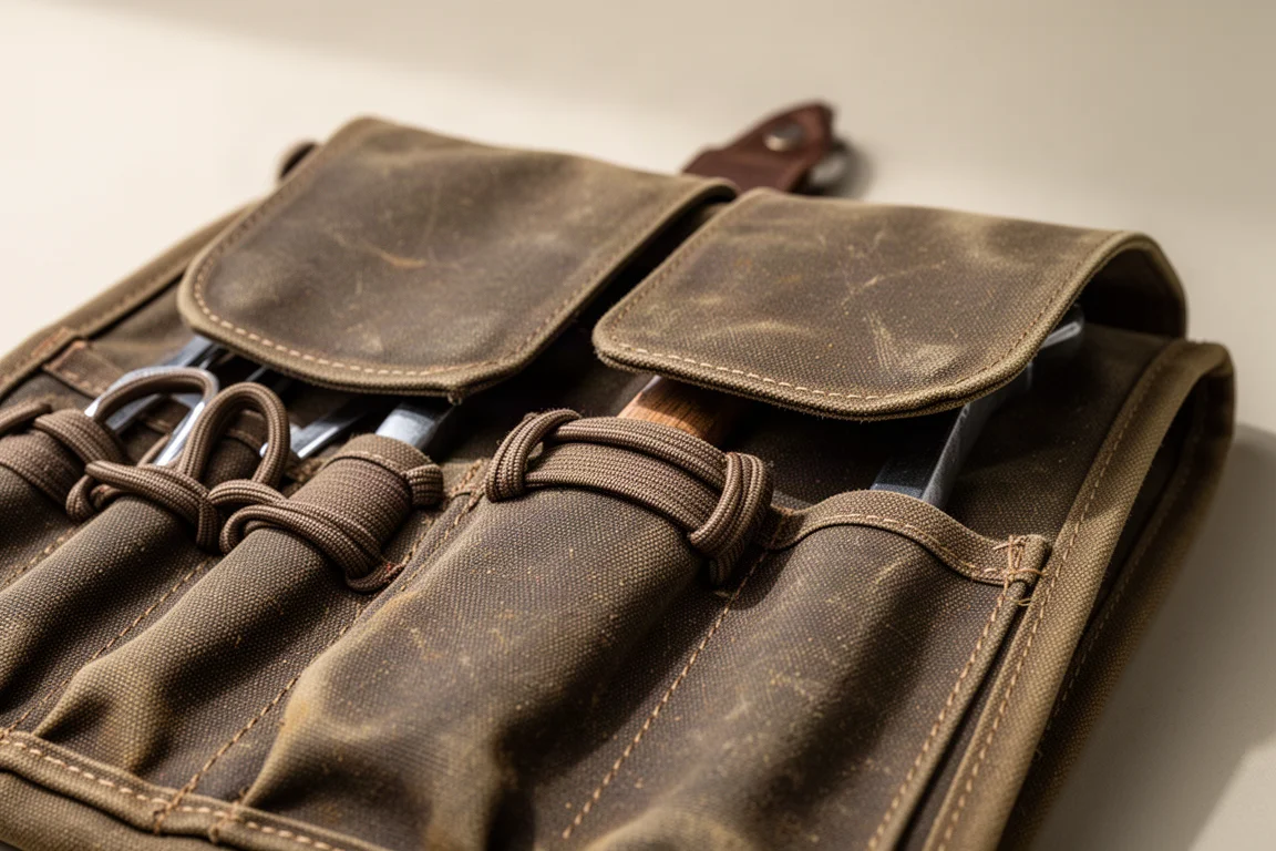 Close-up of fold-over fabric wings covering tool pockets on an open tool roll