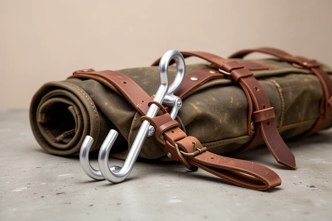 Adjustable aluminum hook and strap system of a tool roll partially unrolled