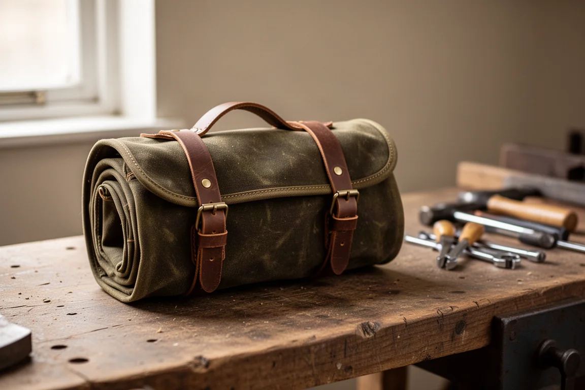 Rolled and fastened tool roll ready for transport on a workshop bench