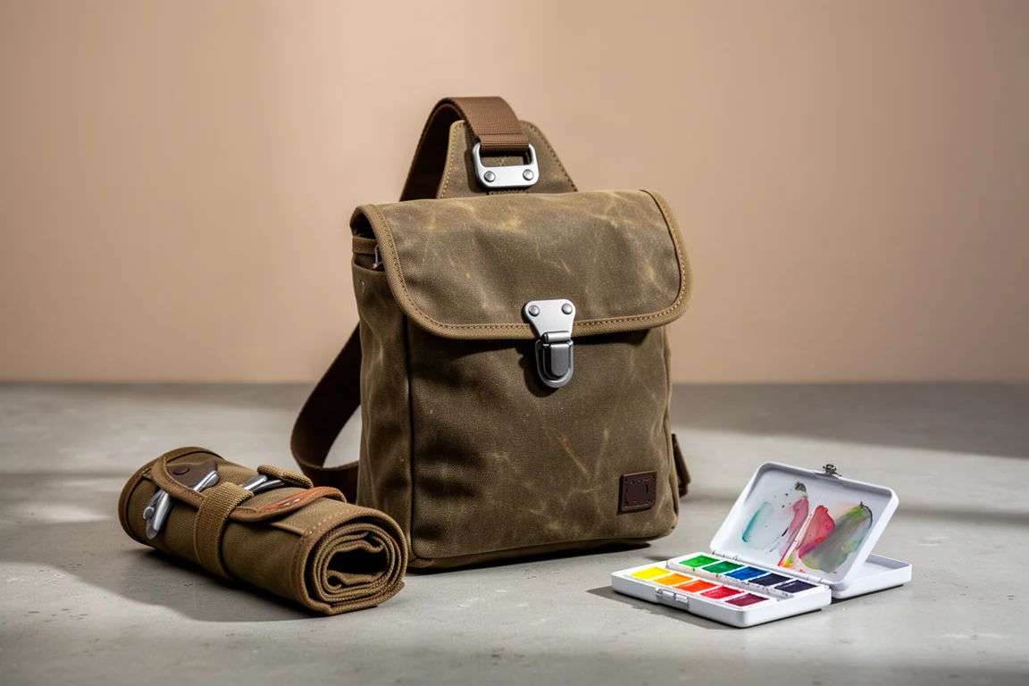 Lockby Field Sling waxed canvas bag on concrete with sketch gear beside it