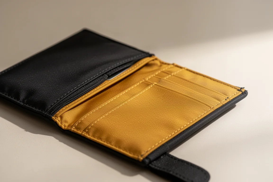 Cartera delgada abierta mostrando una tela interior de color amarillo dorado
