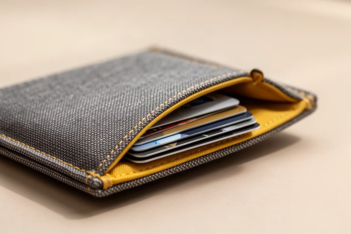 Los bolsillos de la cartera sosteniendo una pila de tarjetas con espacio de sobra