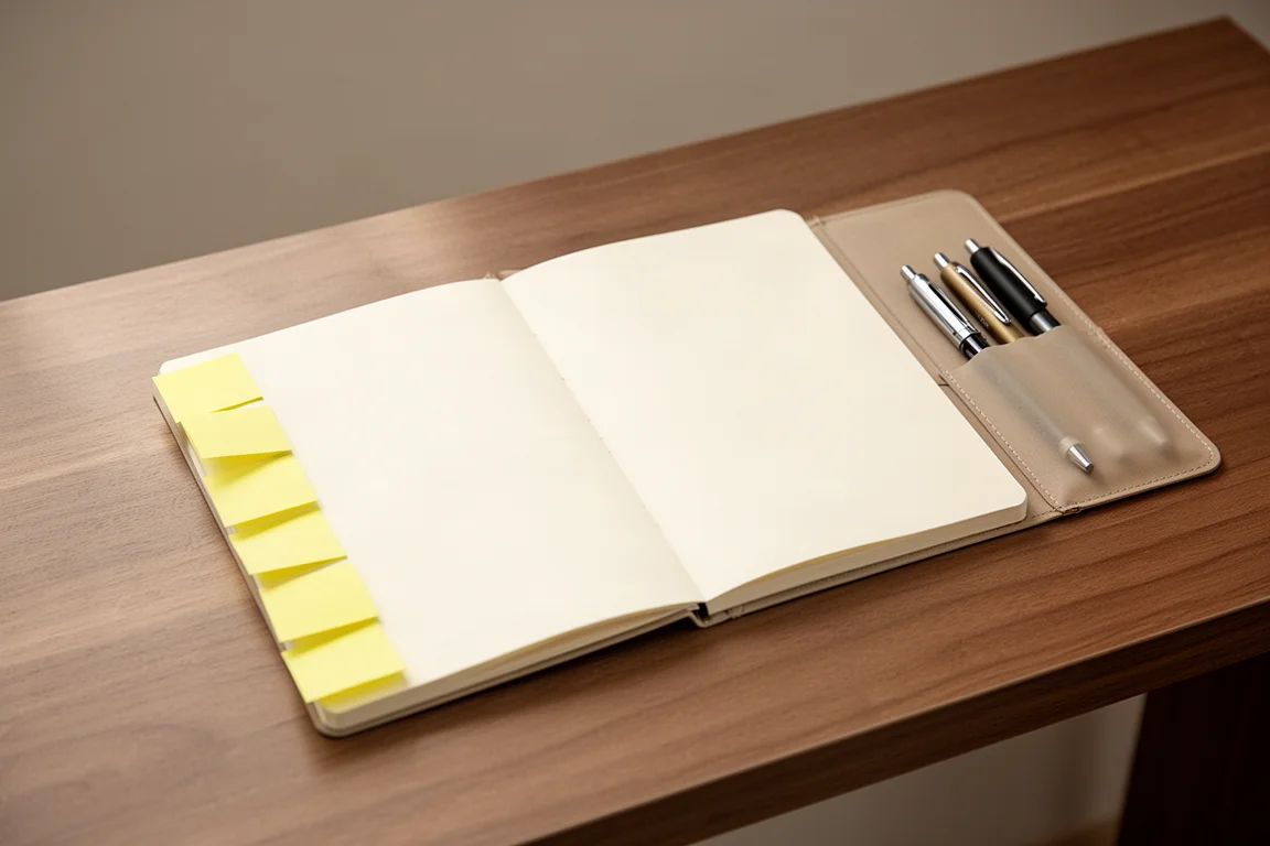 Cuaderno A5 con notas adhesivas en una página junto a un bolsillo de bolígrafos