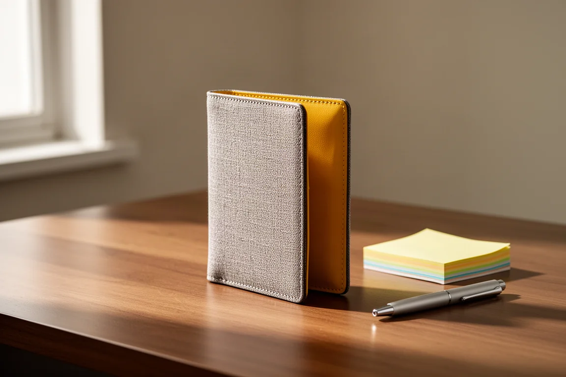Slim golden-interior wallet on a wood desk with sticky notes and a pen