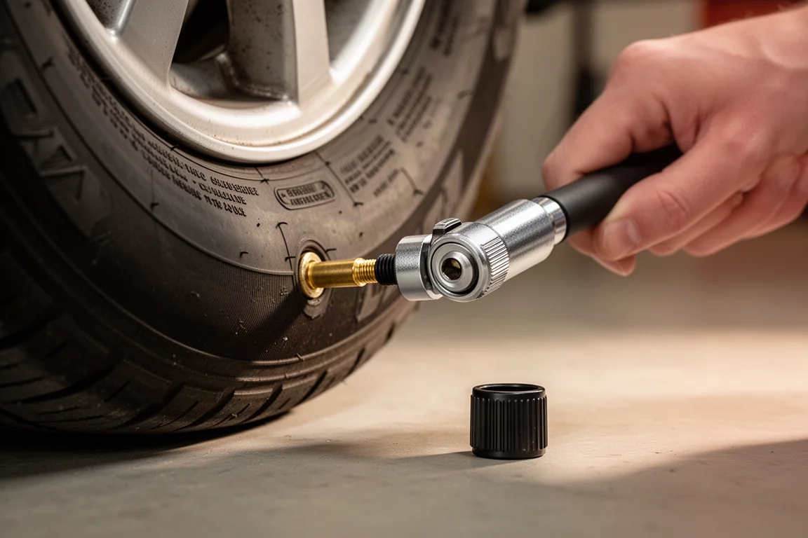 Mão conectando um adaptador de inflador lock-on a uma válvula Schrader de pneu