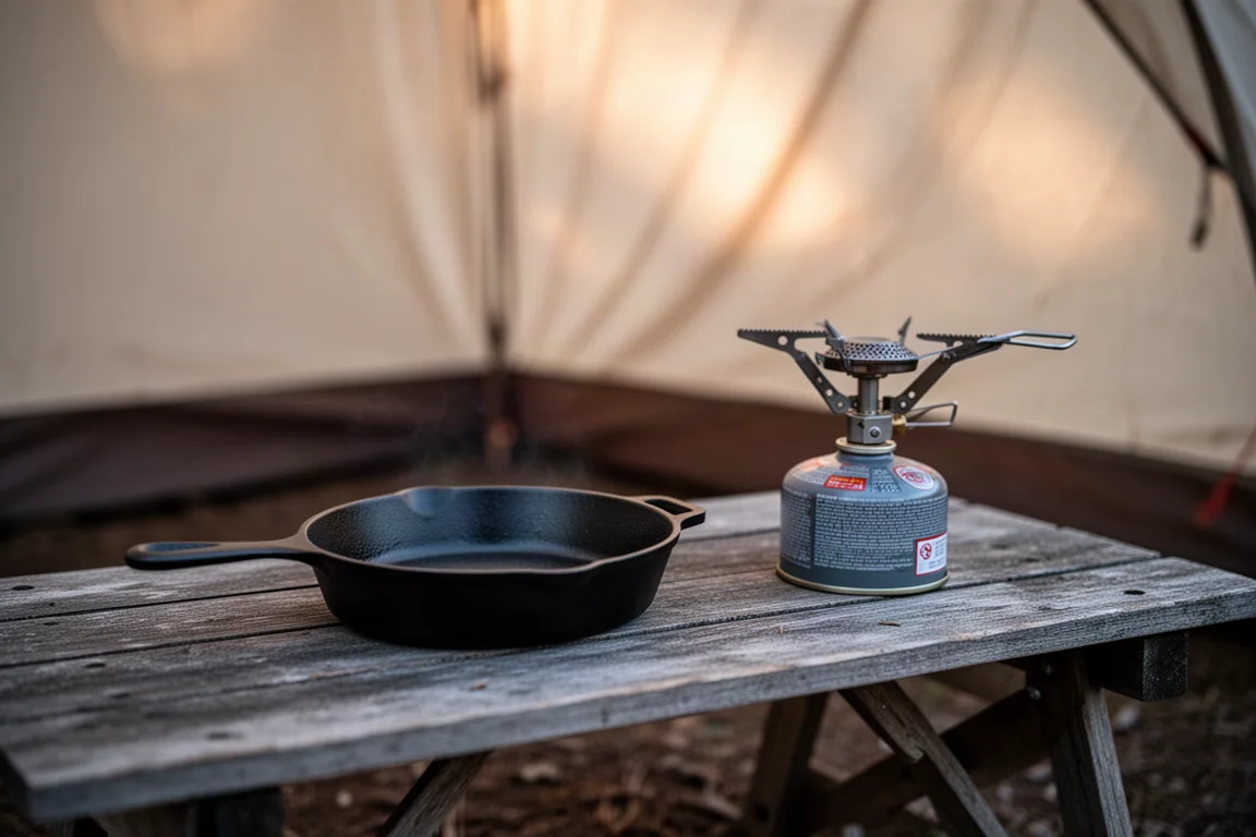 Kleine Pfanne aus Gusseisen auf einem Campingkocher im Morgengrauen mit taubedecktem Gras im Hintergrund